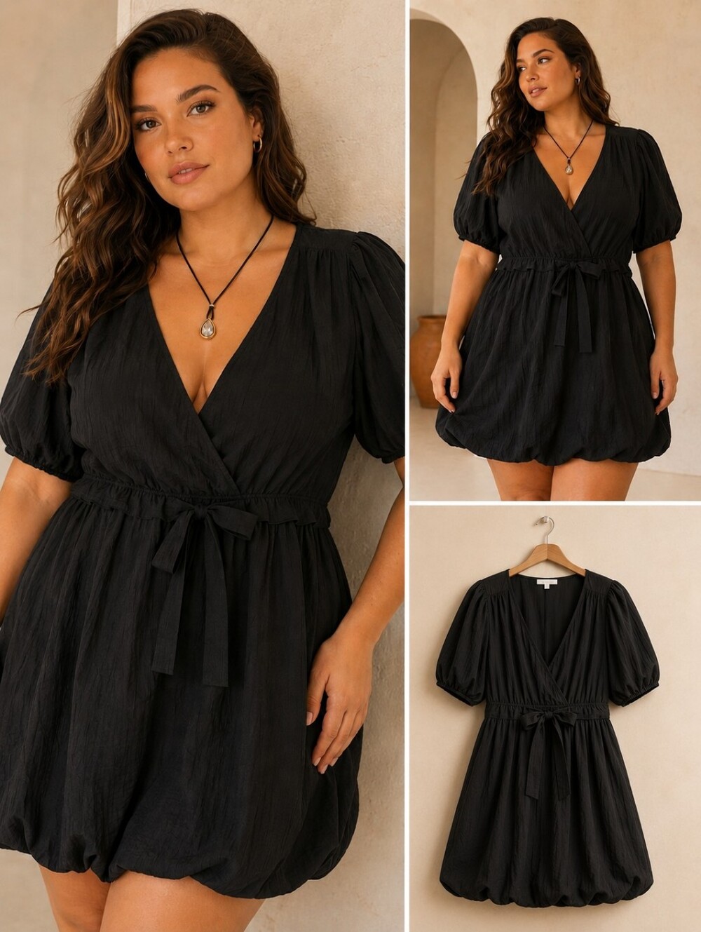 Vanessa Black V-Neck Puff Sleeve Mini Dress with Bubble Hem Made In Italy